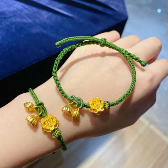K-KED Real 24K Yellow Gold Bracelet 3D Lotus Flower Green Rope Weave Bracelet Link-Three Lotus