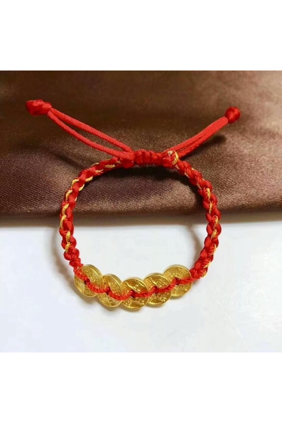 Real 24K Yellow Gold Bracelet For Women Red String Five Emperor Coin Bracelet