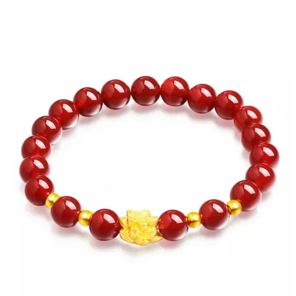 K-KED Real 24K Yellow Gold Bracelet For Women Small Lotus with Red Agate Beaded Link-Lotus + 4PCS Gold Bead-22cm/8.7inch