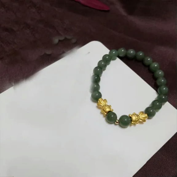 K-KED Real 24K Yellow Gold Bracelet For Women Two Fish Jade Oil Green Beads Bracelet -19cm/7.48inch-Oil Green Bead