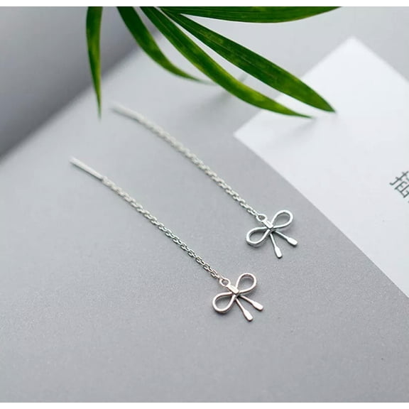 K-KED Real 925 Sterling Silver Bow Pull Through Earrings Ribbon Accessory Pull Thru