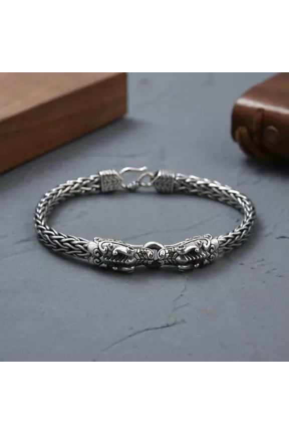 Real 925 Sterling Silver Bracelet Double Dragon Head Thai Silver Men's Bracelet-7inch