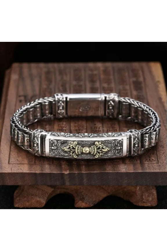 Real 925 Sterling Silver Bracelet Man's Gold-color Vajra Sutra Tube Bead Link-7.87inch