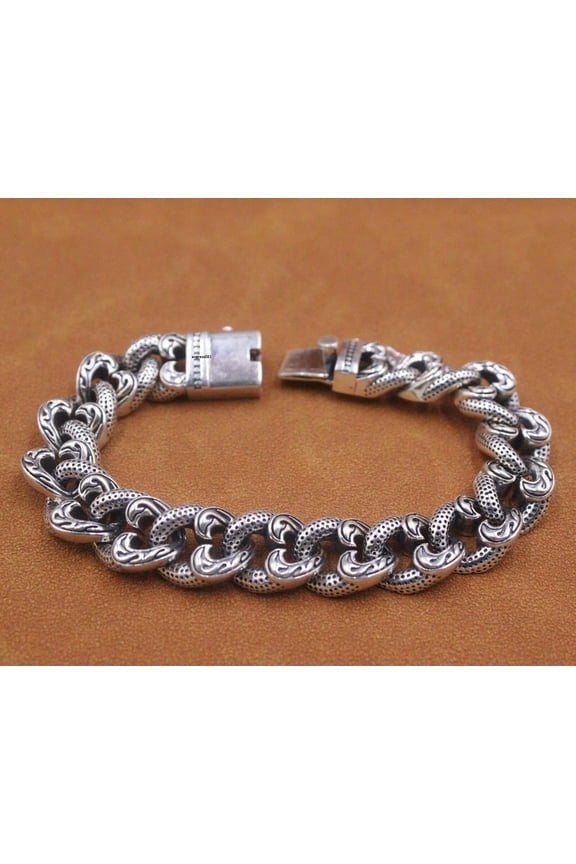 Real 925 Sterling Silver Chain Men Carved Pattern Cuban Curb Link Bracelet 87g