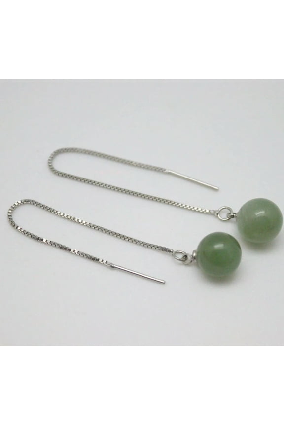 Real 925 Sterling Silver Green Jade Jasper Ball 9.5mm Long Earrings Drop Line