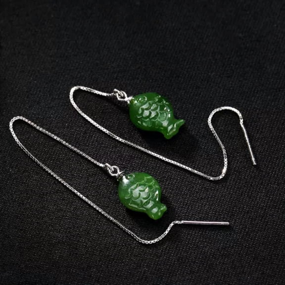K-KED Real 925 Sterling Silver Natural Jade Jasper Fish Box Chain Dangle Earrings