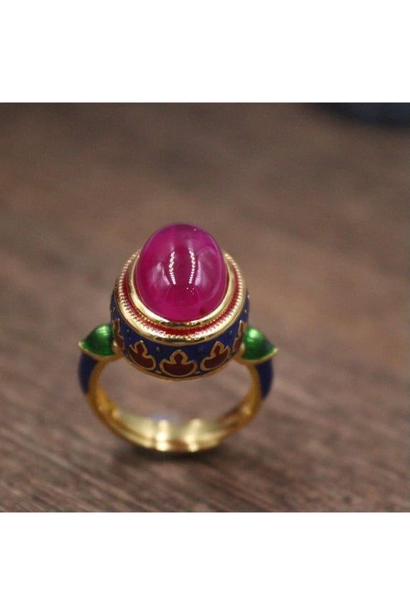 Real 925 Sterling Silver Ring Chalcedony Enamel Ring With 18K Gold Plated Ring