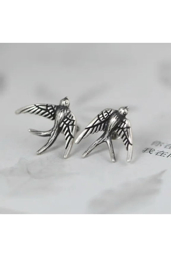 Real 925 Sterling Silver Stud Men Women Lucky Bird Swallow Earrings-default