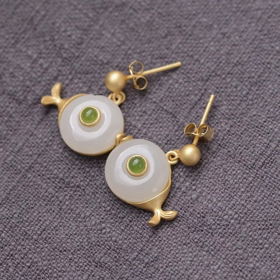K-KED Real 925 Sterling Silver Stud Natural Nephrite Jade Round Fish Dangle Earrings
