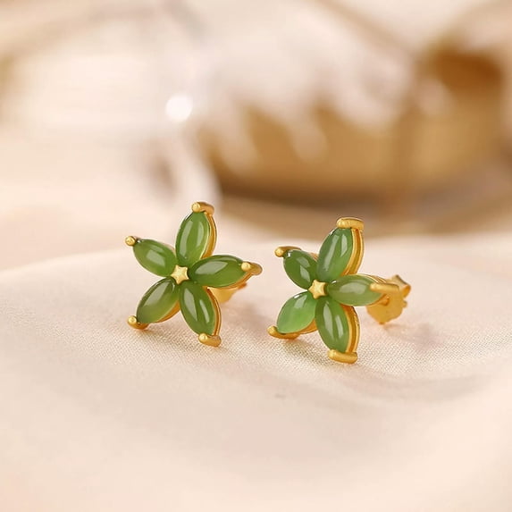 K-KED Real 925 Sterling Silver Stud Women Natural Jade Jasper Star Flower Earrings
