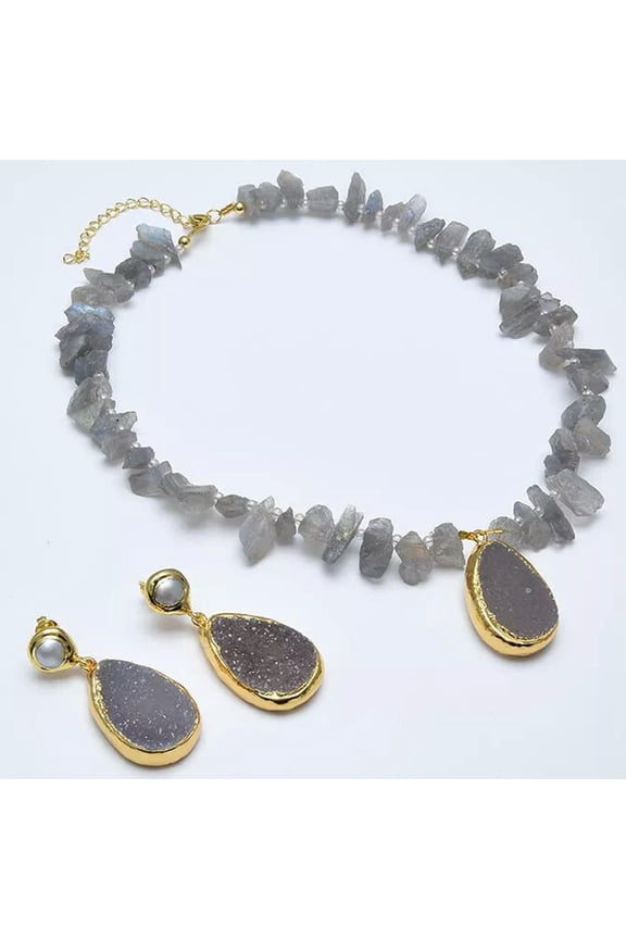 Real Gray Quartz Pendant Necklace White Pearl Earrings Sets Handmade For Women