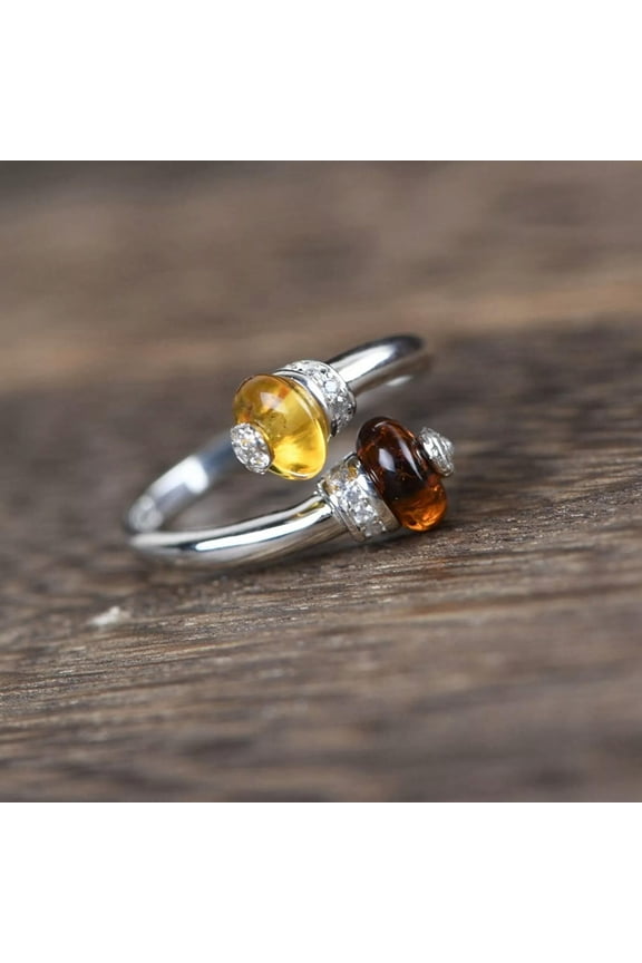 Real S925 Sterling Silver Band Men Women Gift Lucky Amber Bead Open Ring