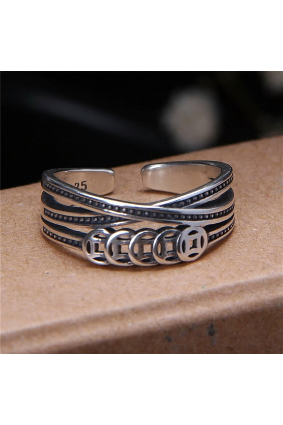 Real S925 Sterling Silver Band Men Women Lucky Coin Cross Line Open Ring