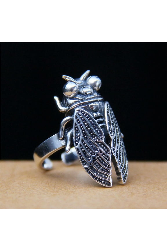 Real S925 Sterling Silver Band Men Women Lucky Retro Insect Cicada Open Ring
