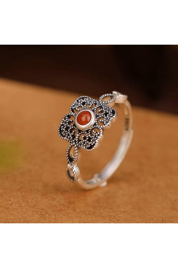 Real S925 Sterling Silver Band Women Natural Red Agate Hollow Square Ring