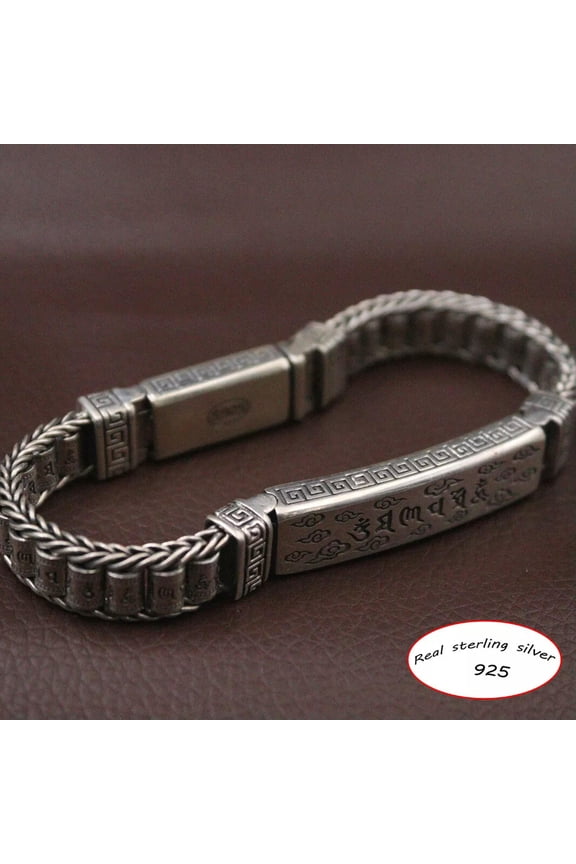 Real S925 Sterling Silver Bracelet Men 10mm Six Mantra Bead Link 7.87inchL