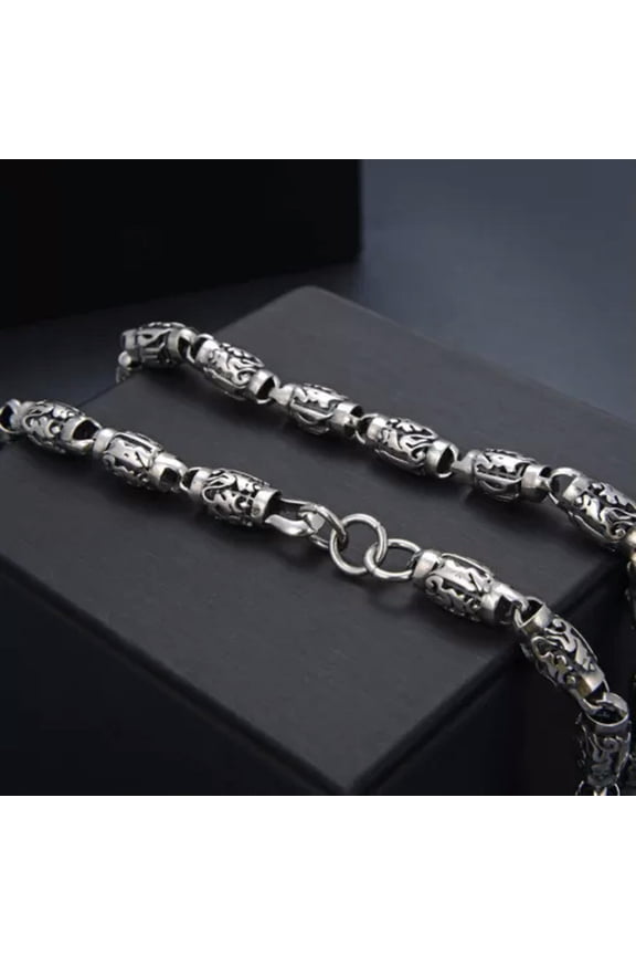 Real S925 Sterling Silver Chain Men 8mm Six Word Oval Beaded Link Necklace -55cm/22inch-59-61g