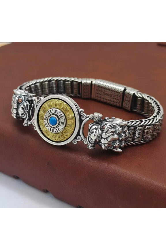 Real S925 Sterling Silver Men Dragon Head Bagua Column Bead Link Bracelet 70.8g