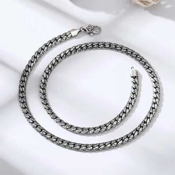 K-KED Real S925 Sterling Silver Necklace Women Men 5mm Hammer Pattern Curb Chain Link-60cm/24inch-36-37g