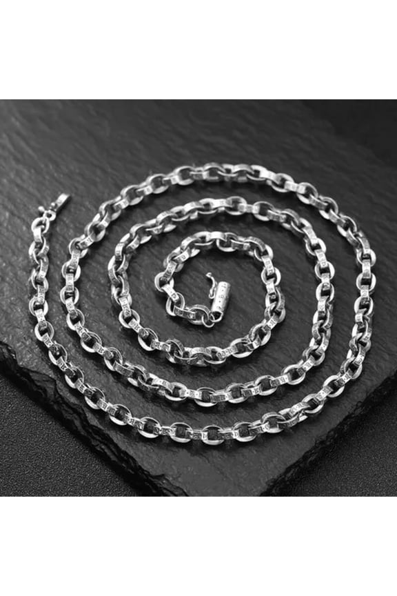 Real S925 Sterling Silver Necklace Women Men 5mm Six Word Sutra Rolo Link Chain-65cm/26inch-46-47g