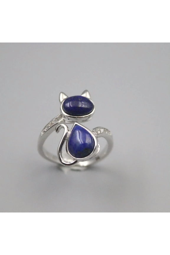 Real Silver 925 Ring For Women Lapis Lazuli Gemstone Loving Cat Ring US 6-9