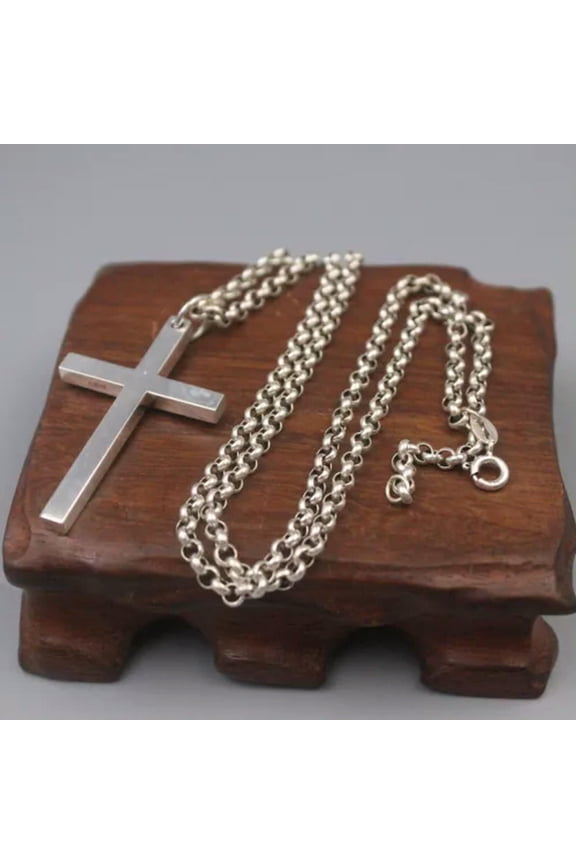 Real Silver Fine Pendants 999 Metal Purity Cross Pendant Lucky with Rolo Chain-Chain and pendant