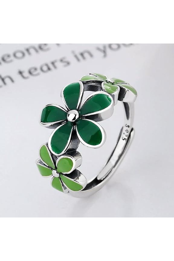 Real Solid 925 Sterling Silver Band Men Women Lucky Enamel Green Flowe Ring 4.3g