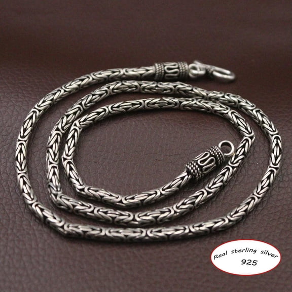 K-KED Real Solid S925 Sterling Silver Necklace Men 3mm Byzantine Link Chain 19.6inch