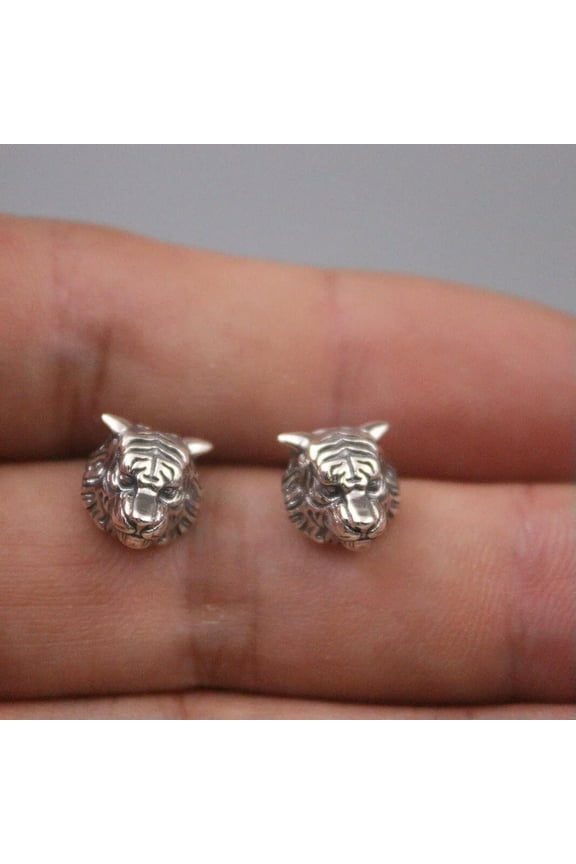 Real Sterling 925 Silver Earrings Stud Vintage Silver Tiger Head Gift S925