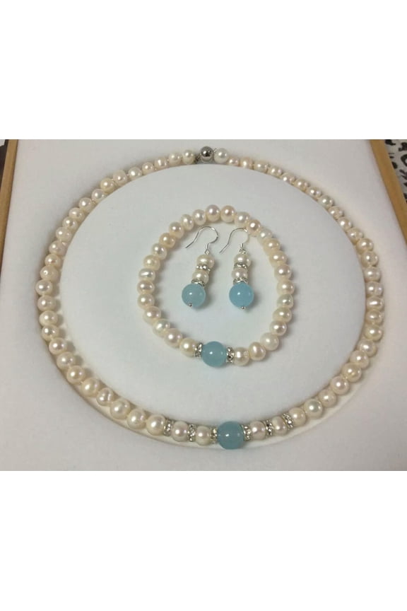 Real White Cultured 7-8 mm Pearl Aquamarine Necklace Bracelet Earrings Set