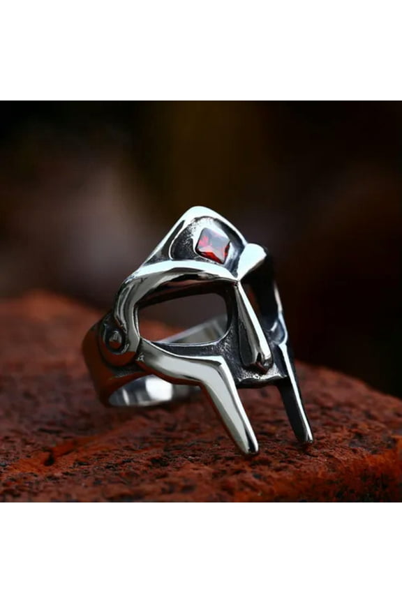 Red CZ Inlay Spartan Helmet Ring Stainless Steel Vintage Mask Men's Biker Ring-11