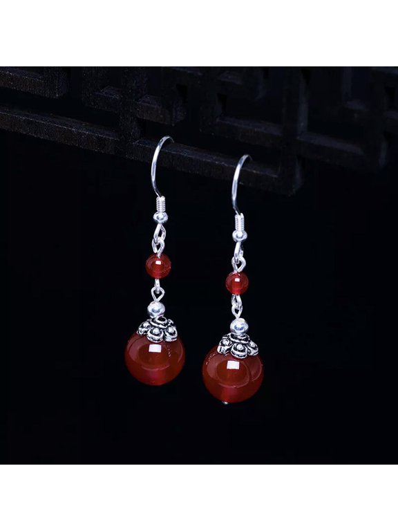 Red Carnelian 6-12mm Roud Gemstone Beads Hook Dangle Earrings Delicate Jewelry Gift