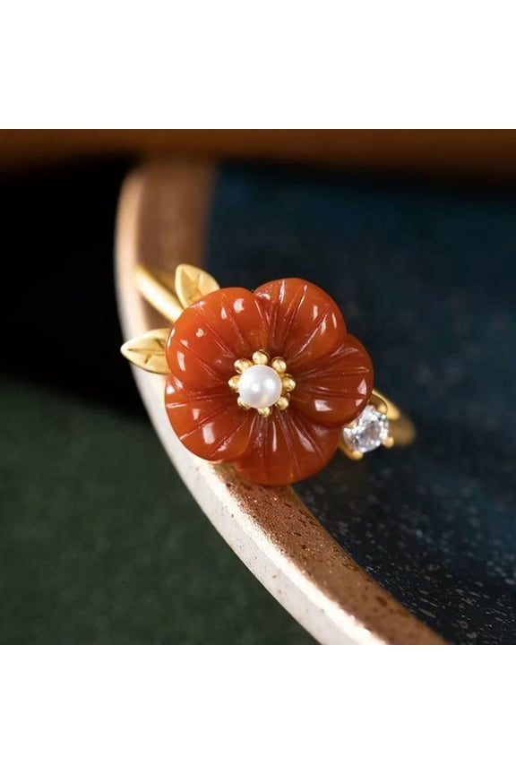 Red Jade Flower Rings 925 Silver Women Natural Delicate Jewelry Adjustable Ring