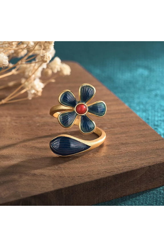 Red Jade Flower Rings Adjustable Ring Women 925 Silver Delicate Jewelry Gemstone Natural