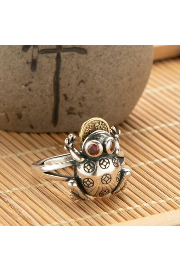 Red Jade Golden Frog Rings Natural Delicate Jewelry 925 Silver Women Adjustable Ring