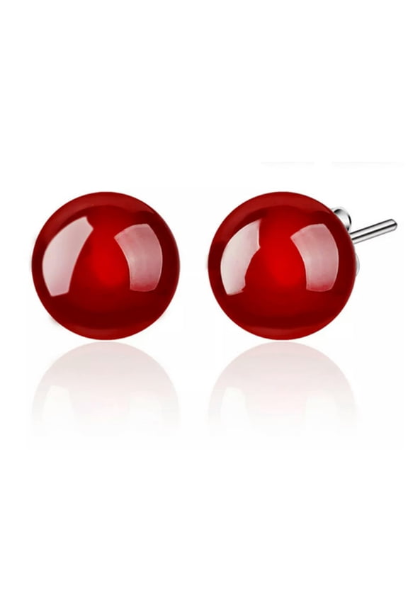 Red Round Agate Earrings AAA Onyx Silver Studs Fashion Delicate Jewelry 8mm