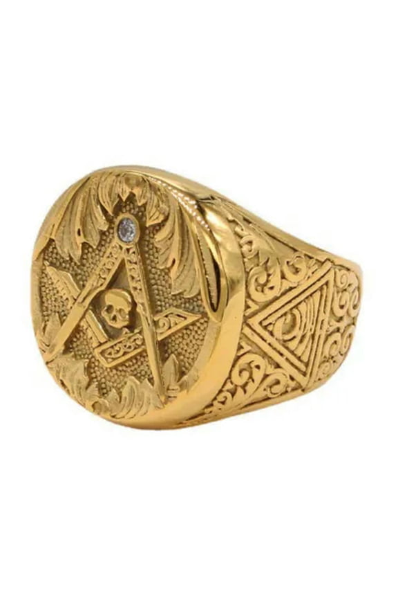 Retro CZ Inlay Masonic Skull Ring Stainless Steel Pyramid God Eye Masonic Ring-13-Gold