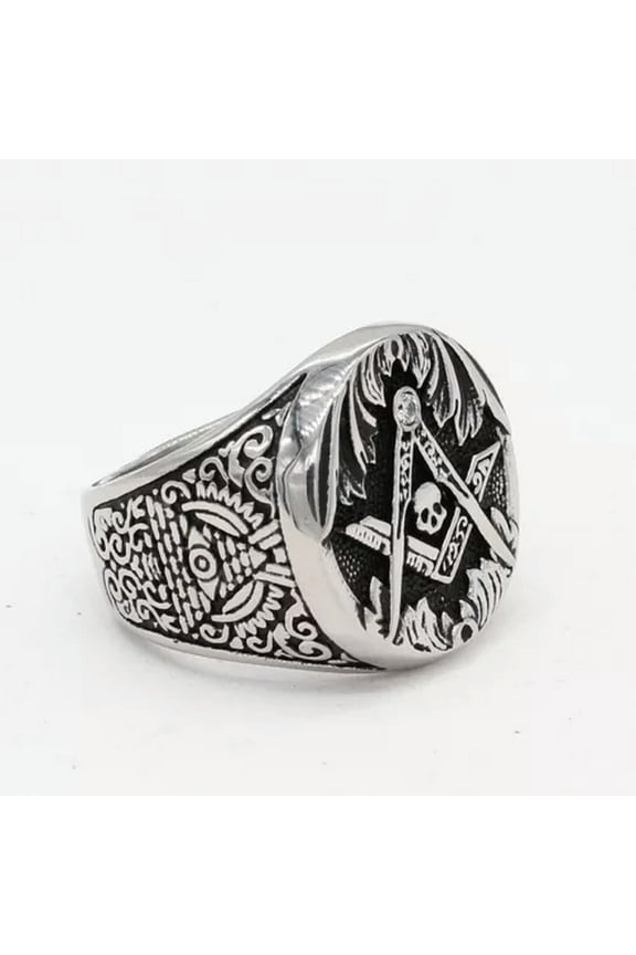 Retro CZ Inlay Masonic Skull Ring Stainless Steel Pyramid God Eye Masonic Ring-7-Silver