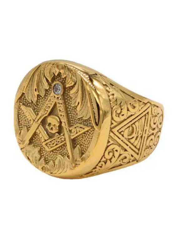 Retro CZ Inlay Masonic Skull Ring Stainless Steel Pyramid God Eye Masonic Ring-9-Gold