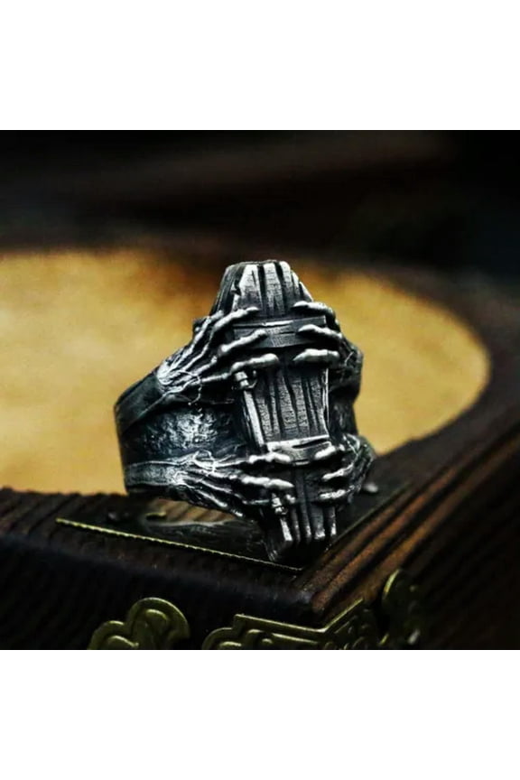 Retro Four Skull Hands Coffin Ring Stainless Steel Men's Vintage Biker Art Ring-7