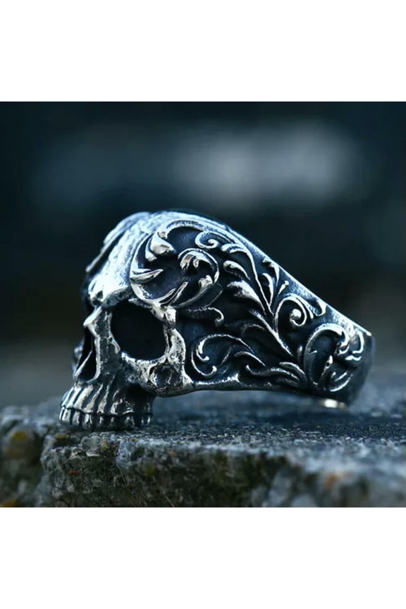 Retro Gothic Flower Carved Skull Ring Stainless Steel Skeleton Punk Signet Ring-8