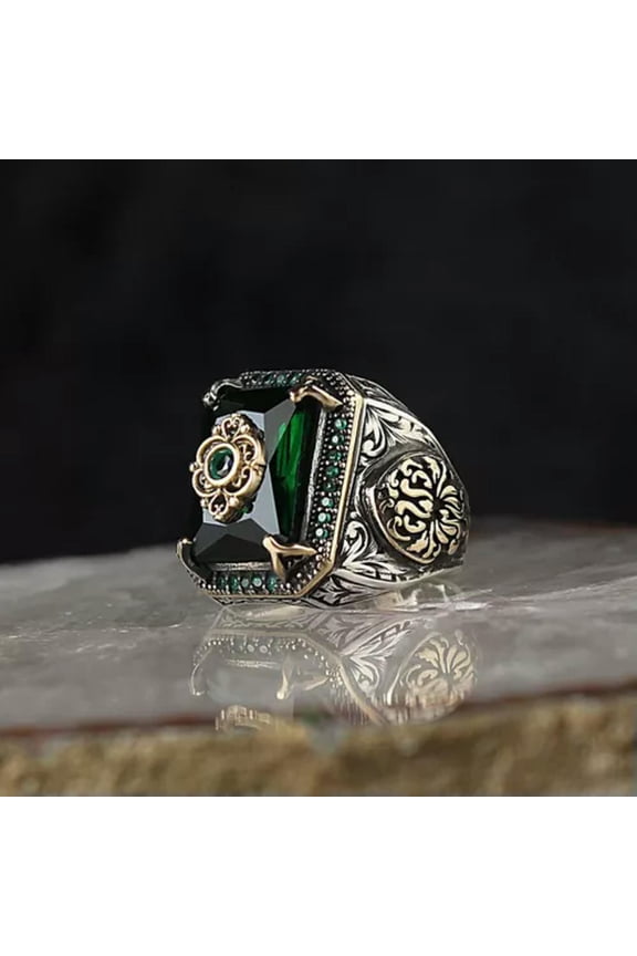 Retro Handmade Carved Eagle Ring Ancient Silver Color Ring For Men Women-Green-11