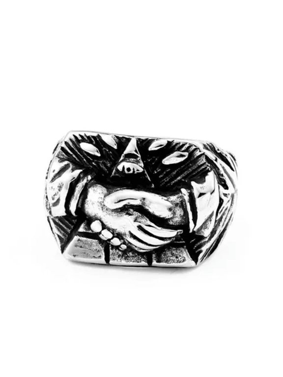 Retro Masonic Handshake Ring Stainless Steel Men's Mason Brother Biker Punk Ring-13