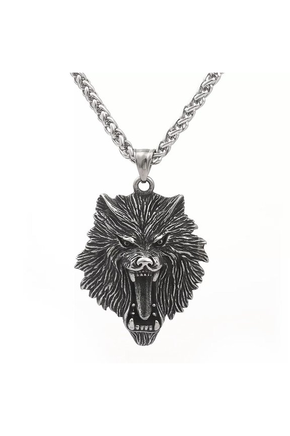Retro Stainless Steel Mens Viking Fenrir Wolf Head Pendant Necklace-default