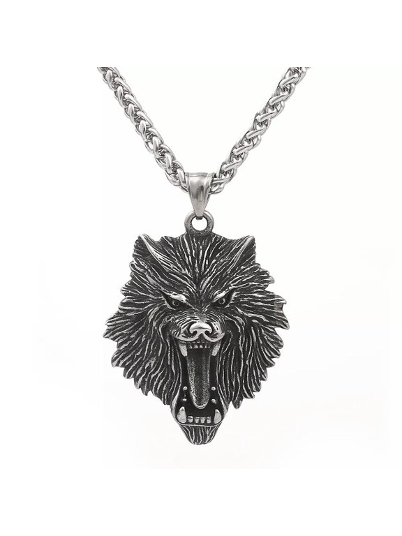 Retro Stainless Steel Mens Viking Fenrir Wolf Head Pendant Necklace-default