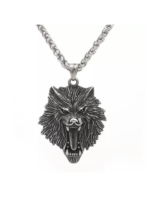 Retro Stainless Steel Mens Viking Fenrir Wolf Head Pendant Necklace