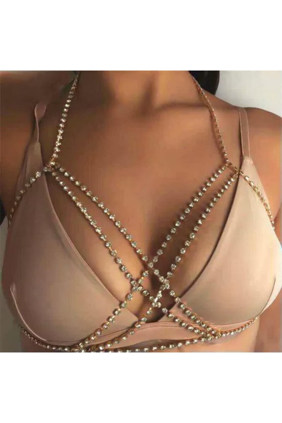Rhinestone Necklace Harness Chest Body Chain Beach Bikini Bra Delicate Jewelry Crystal-Gold