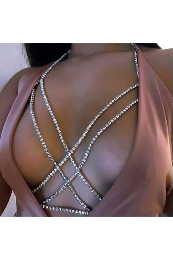 Rhinestone Necklace Harness Chest Body Chain Beach Bikini Bra Delicate Jewelry Crystal-Silver