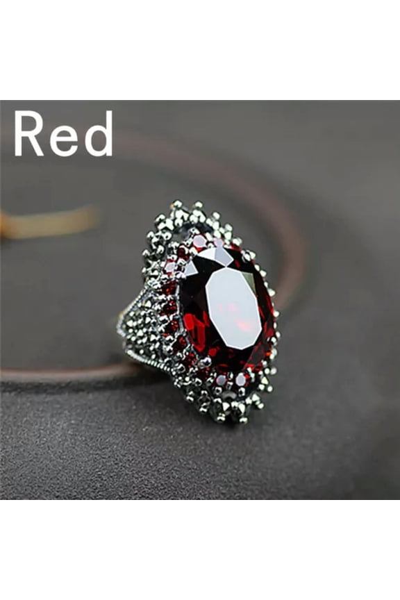 Rhinestone Stone Ring Vintage Silver Ring Women Crystal Wedding Jewellery Gift-Red-9