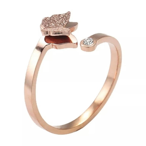K-KED Rose Gold Plated Stainless Steel Butterfly Zircon Gemstone Ring Adjustable Size